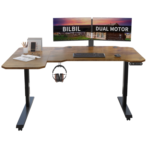 BILBIL  L-Shaped Electric Height Adjustable Standing Desk With Memory Settings - 59″ X 39.4″ - Black Frame/rustic Top In Brown