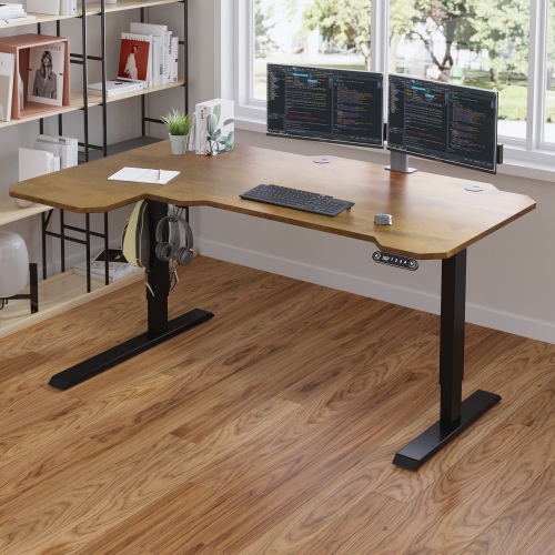 Bilbil L-Shaped Electric Height Adjustable Standing Desk with Memory Settings - 59″ x 39.4″ - Black Frame/Rustic Brown Top