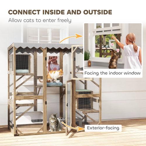 PawHut Catio, Outdoor Cat Enclosure with Waterproof Cover, 2 Relaxing Condo, 5 Platforms, Wooden Cat House Window Box for Multiple Kittens, 59" x 28"