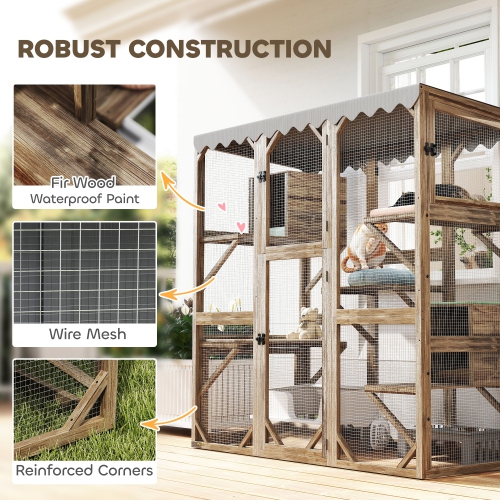 PawHut Catio, Outdoor Cat Enclosure with Waterproof Cover, 2 Relaxing Condo, 5 Platforms, Wooden Cat House Window Box for Multiple Kittens, 59" x 28"