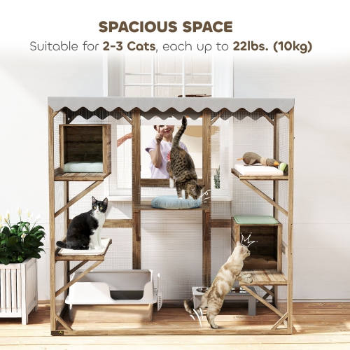 PawHut Catio, Outdoor Cat Enclosure with Waterproof Cover, 2 Relaxing Condo, 5 Platforms, Wooden Cat House Window Box for Multiple Kittens, 59" x 28"
