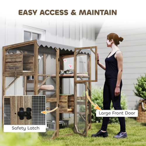 PawHut Catio, Outdoor Cat Enclosure with Waterproof Cover, 2 Relaxing Condo, 5 Platforms, Wooden Cat House Window Box for Multiple Kittens, 59" x 28"