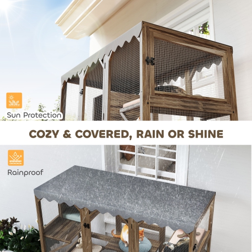 PawHut Catio, Outdoor Cat Enclosure with Waterproof Cover, 2 Relaxing Condo, 5 Platforms, Wooden Cat House Window Box for Multiple Kittens, 59" x 28"