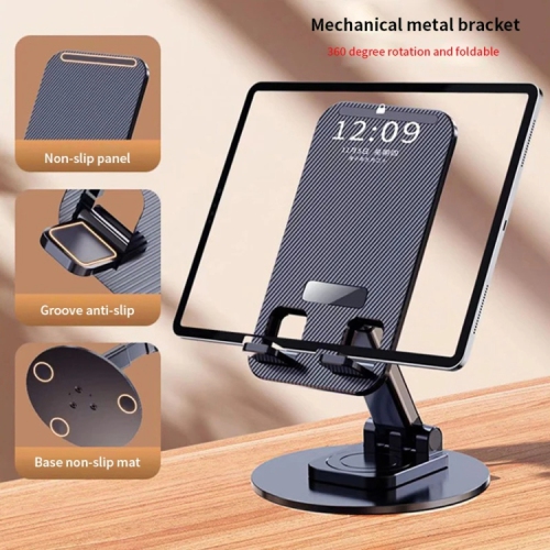 Metal telescopic folding disc weighted stand, desktop mobile phone tablet lazy vibrato live broadcast stand - K393 [Carbon Black] 360° rotation