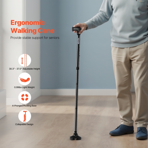 VEVOR 8-Level Walking Cane, Folding Walking Stick with Adjustable Height, 4-Pronged Pivoting Base, Lightweight Aluminum Mobility Aid for Seniors