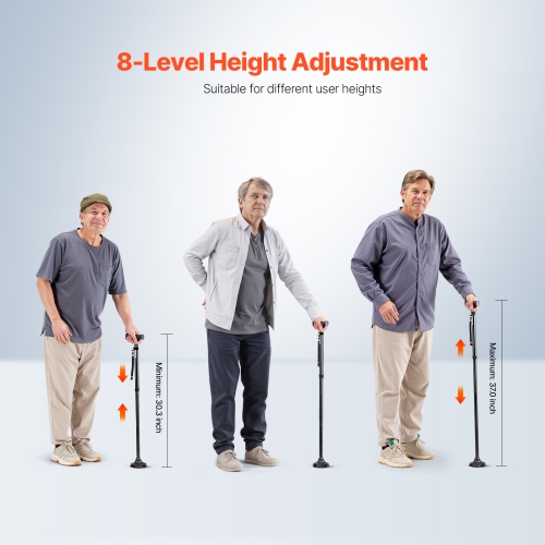 VEVOR 8-Level Walking Cane, Folding Walking Stick with Adjustable Height, 4-Pronged Pivoting Base, Lightweight Aluminum Mobility Aid for Seniors