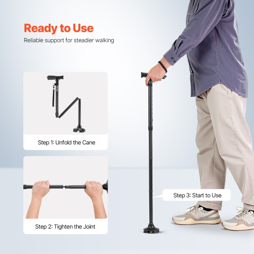 VEVOR 8-Level Walking Cane, Folding Walking Stick with Adjustable Height, 4-Pronged Pivoting Base, Lightweight Aluminum Mobility Aid for Seniors