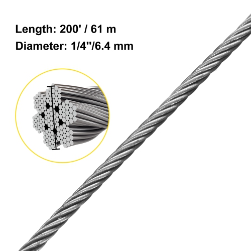 VEVOR 1/4" Stainless Steel Cable 200FT, T304 7x19 Tighter Core Cable Railing System Wire Rope Aircraft Deck Railing Kit Fence Wire