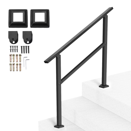 VEVOR  2-3 Step Outdoor Handrails for Steps, Stair Rail Kit Square Tube w Horizontal Bar, Carbon Steel Support Rails for Seniors, Concrete & Deck