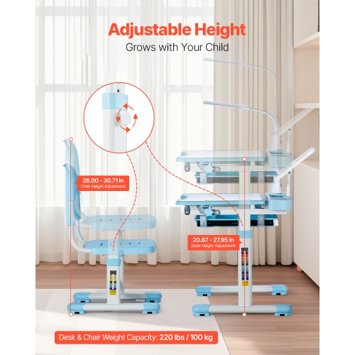 VEVOR 0-40° Tilted Desktop Kids Study Chair and Desk Set, Study Desk and Chair for Kids with Table Lamp, Adjustable Height Kids Desk and Chair,