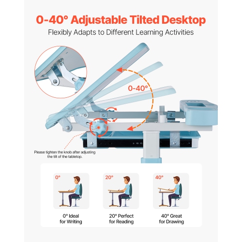 VEVOR 0-40° Tilted Desktop Kids Study Chair and Desk Set, Study Desk and Chair for Kids with Table Lamp, Adjustable Height Kids Desk and Chair,