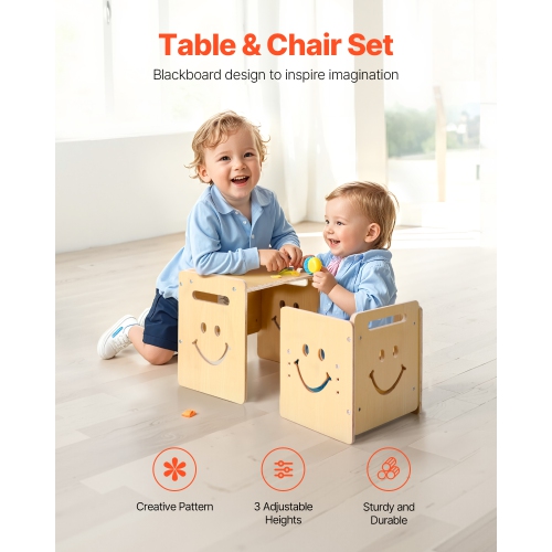VEVOR 3 In 1 Montessori Weaning Table and Chair Set, Wooden Toddler Table and Chairs with Chalkboard, Adjustable Height Montessori Table for Ages