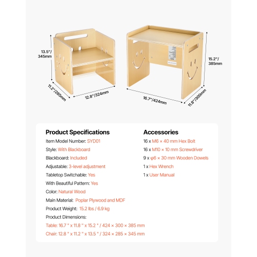 VEVOR 3 In 1 Montessori Weaning Table and Chair Set, Wooden Toddler Table and Chairs with Chalkboard, Adjustable Height Montessori Table for Ages