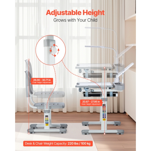 VEVOR 0-40° Tilted Desktop Kids Study Chair and Desk Set, Study Desk and Chair for Kids with Table Lamp, Adjustable Height Kids Desk and Chair,