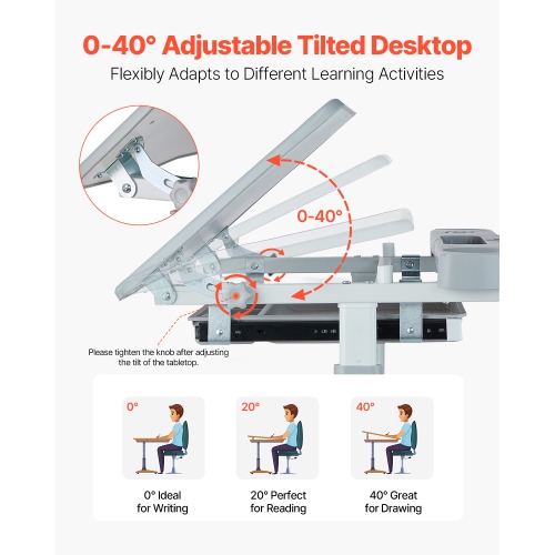 VEVOR 0-40° Tilted Desktop Kids Study Chair and Desk Set, Study Desk and Chair for Kids with Table Lamp, Adjustable Height Kids Desk and Chair,