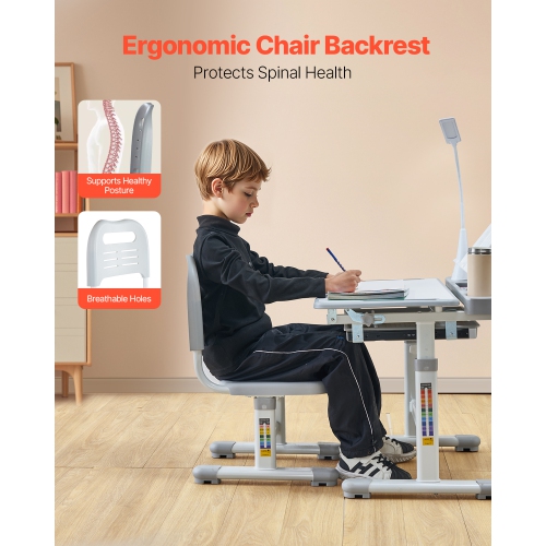 VEVOR 0-40° Tilted Desktop Kids Study Chair and Desk Set, Study Desk and Chair for Kids with Table Lamp, Adjustable Height Kids Desk and Chair,