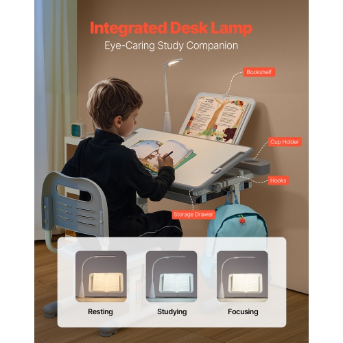 VEVOR 0-40° Tilted Desktop Kids Study Chair and Desk Set, Study Desk and Chair for Kids with Table Lamp, Adjustable Height Kids Desk and Chair,