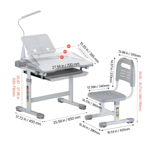 VEVOR 0-40° Tilted Desktop Kids Study Chair and Desk Set, Study Desk and Chair for Kids with Table Lamp, Adjustable Height Kids Desk and Chair,