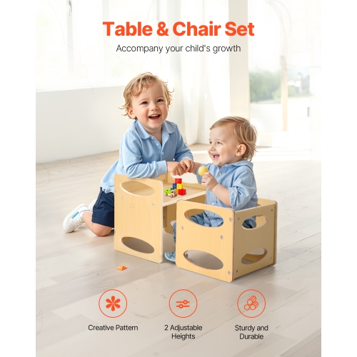 VEVOR Aged 1-5 Montessori Weaning Table and Chair Set, Wooden Toddler Table and Chair Set for , Adjustable Height Kids Montessori Chair and Activity