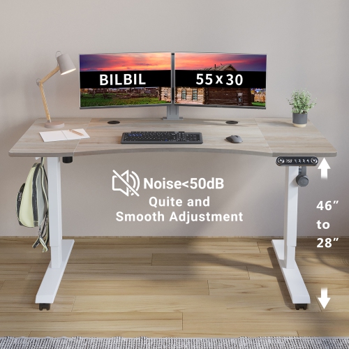 Bilbil Electric Height Adjustable Standing Desk with Memory Settings - with Curved desktop - 55″ x 24″ - White Frame/Oak Top