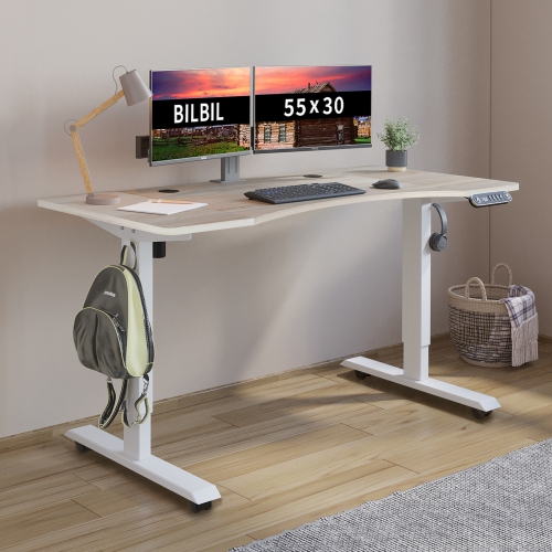 Bilbil Electric Height Adjustable Standing Desk with Memory Settings - with Curved desktop - 55″ x 24″ - White Frame/Oak Top