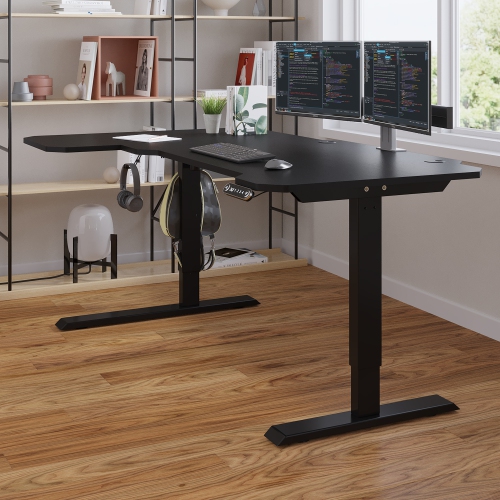 Bilbil L-Shaped Electric Height Adjustable Standing Desk with Memory Settings - 59″ x 39.4″ - Black Frame/Black Top