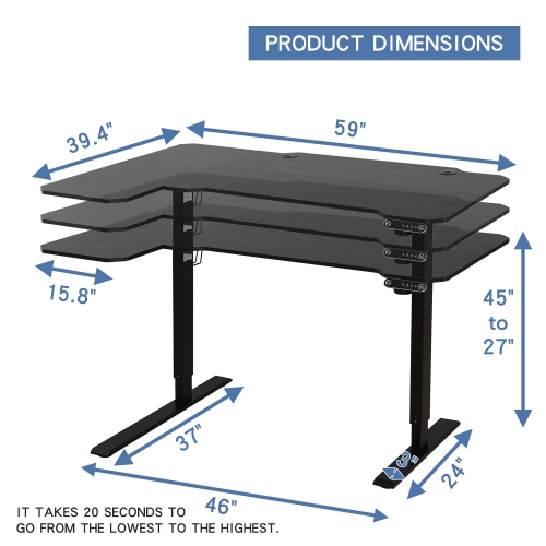 Bilbil L-Shaped Electric Height Adjustable Standing Desk with Memory Settings - 59″ x 39.4″ - Black Frame/Black Top