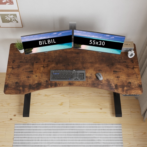 Bilbil Electric Height Adjustable Standing Desk with Memory Settings - with Curved desktop - 55″ x 24″ - Black Frame/Rustic Brown Top
