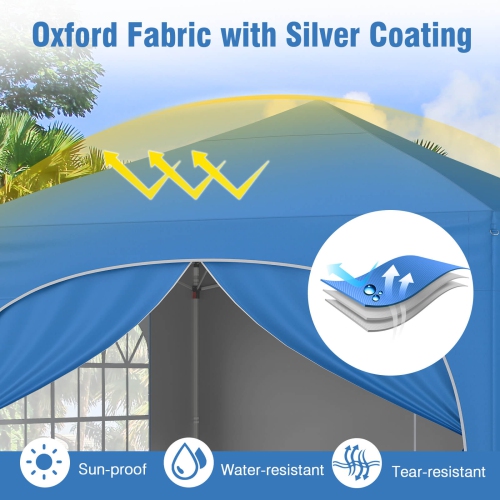 Tente escamotable à auvent de 10 x 10 pi de Costway Pare-soleil d'extérieur facile à installer avec sac à roulettes Bleu-blanc-gris