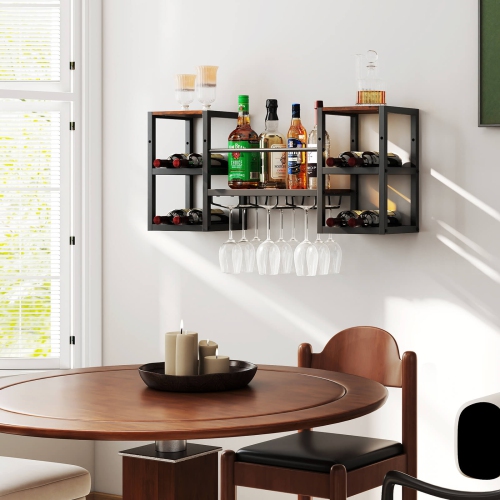 Porte-bouteilles mural à 3 niveaux avec tablette ouverte pour porte-verre de Costway, brun