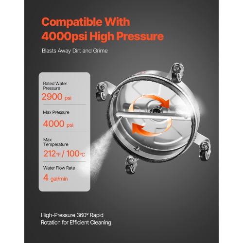 VEVOR 14" Pressure Washer Surface Cleaner, Stainless Steel Pressure Washer Attachments with 4 Wheels, 4000 Max PSI, 1/4 Quick Connector, 2 Spray