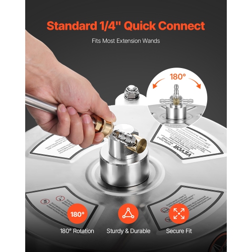 VEVOR 14" Pressure Washer Surface Cleaner, Stainless Steel Pressure Washer Attachments with 4 Wheels, 4000 Max PSI, 1/4 Quick Connector, 2 Spray