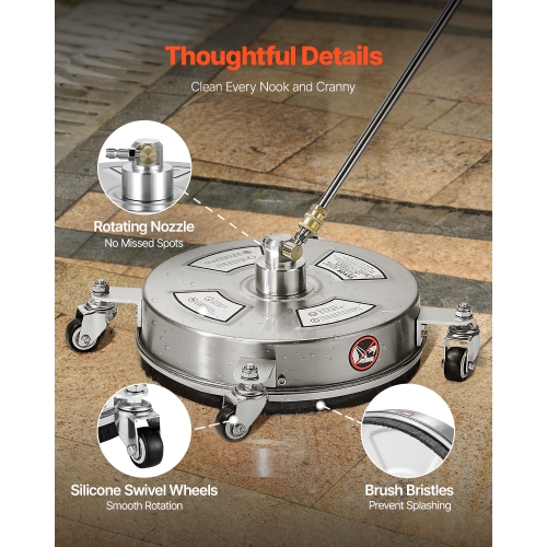 VEVOR 14" Pressure Washer Surface Cleaner, Stainless Steel Pressure Washer Attachments with 4 Wheels, 4000 Max PSI, 1/4 Quick Connector, 2 Spray