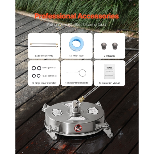 VEVOR 14" Pressure Washer Surface Cleaner, Stainless Steel Pressure Washer Attachments with 4 Wheels, 4000 Max PSI, 1/4 Quick Connector, 2 Spray