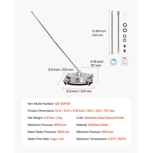 VEVOR 14" Pressure Washer Surface Cleaner, Stainless Steel Pressure Washer Attachments with 4 Wheels, 4000 Max PSI, 1/4 Quick Connector, 2 Spray