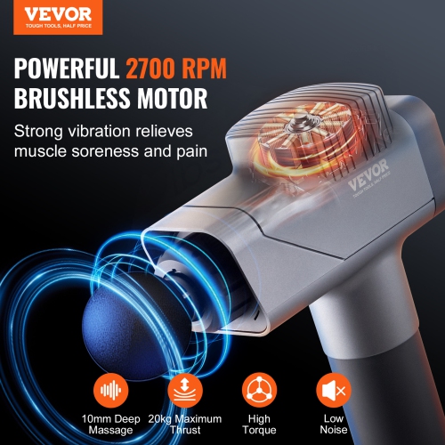 VEVOR Massage Gun Deep Tissue, Percussion Muscle Massager for Athletes - with 8 Speed Levels & 6 Massage Heads, 16V 2500mAh Batteries, Handheld