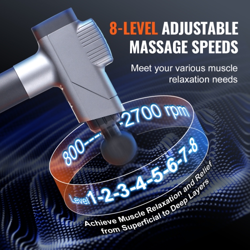 VEVOR Massage Gun Deep Tissue, Percussion Muscle Massager for Athletes - with 8 Speed Levels & 6 Massage Heads, 16V 2500mAh Batteries, Handheld