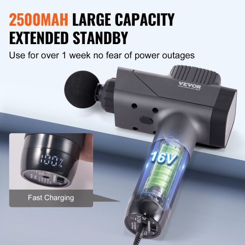 VEVOR Massage Gun Deep Tissue, Percussion Muscle Massager for Athletes - with 8 Speed Levels & 6 Massage Heads, 16V 2500mAh Batteries, Handheld