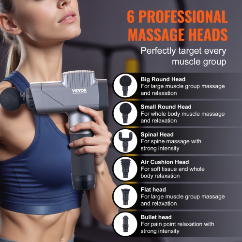 VEVOR Massage Gun Deep Tissue, Percussion Muscle Massager for Athletes - with 8 Speed Levels & 6 Massage Heads, 16V 2500mAh Batteries, Handheld