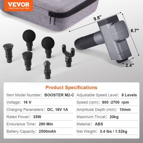 VEVOR Massage Gun Deep Tissue, Percussion Muscle Massager for Athletes - with 8 Speed Levels & 6 Massage Heads, 16V 2500mAh Batteries, Handheld