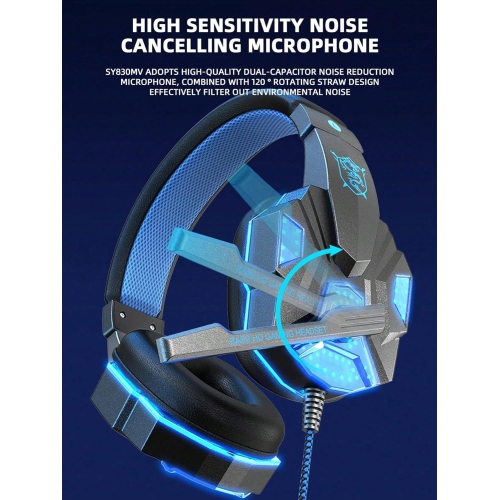 Bass HD Gaming Headset, Blue LED Light, Breathable Mesh Earmuffs, Surround Sound