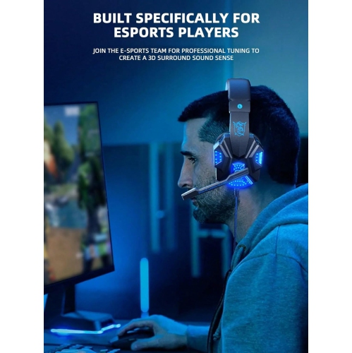 Bass HD Gaming Headset, Blue LED Light, Breathable Mesh Earmuffs, Surround Sound