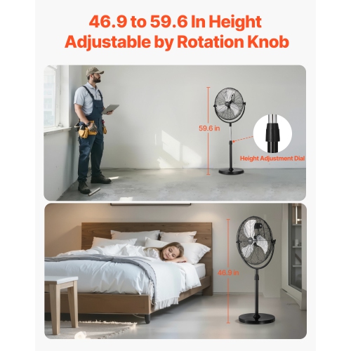 VEVOR 20 Inch Industrial Pedestal Fan, Standing Fan with 46.9 to 59.6 Inches Adjustable Height, Floor Fans with 3 Adjustable Speeds, High Power