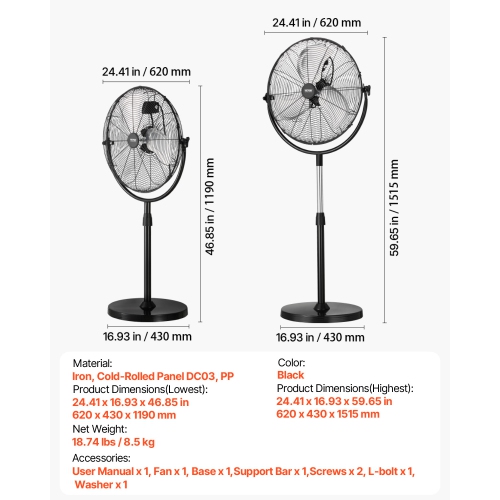 VEVOR 20 Inch Industrial Pedestal Fan, Standing Fan with 46.9 to 59.6 Inches Adjustable Height, Floor Fans with 3 Adjustable Speeds, High Power