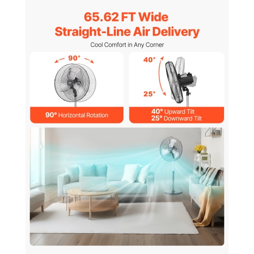 VEVOR 20 Inch Industrial Pedestal Fan, 90-Degree Oscillating Fan, Height Adjustable Standing Fans with 3 Adjustable Speeds, High Power Floor Fans for