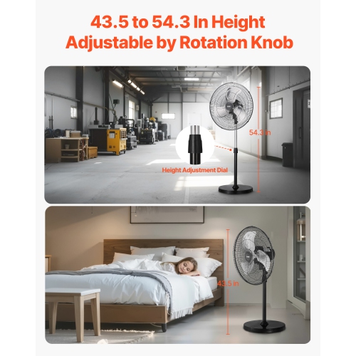 VEVOR 20 Inch Industrial Pedestal Fan, 90-Degree Oscillating Fan, Height Adjustable Standing Fans with 3 Adjustable Speeds, High Power Floor Fans for