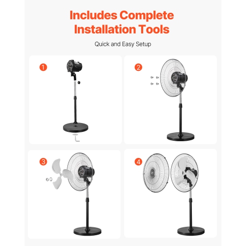 VEVOR 20 Inch Industrial Pedestal Fan, 90-Degree Oscillating Fan, Height Adjustable Standing Fans with 3 Adjustable Speeds, High Power Floor Fans for