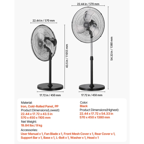 VEVOR 20 Inch Industrial Pedestal Fan, 90-Degree Oscillating Fan, Height Adjustable Standing Fans with 3 Adjustable Speeds, High Power Floor Fans for