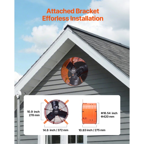 VEVOR 16 Inch Gable Mount Fan, Attic Exhaust Fan with Adjustable Thermostat & Outer Mesh, 2940 CFM House Ventilator Cools Up to 4200 Sq.Ft, Quiet