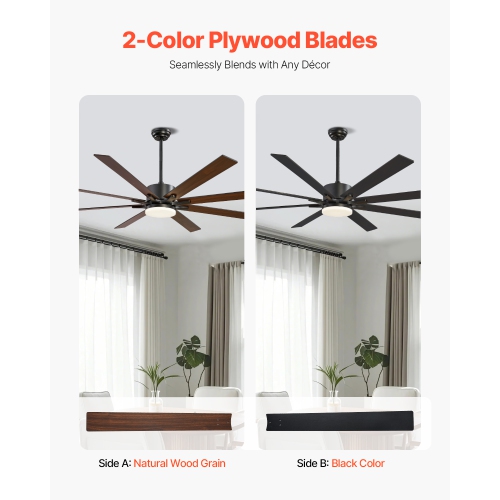 VEVOR 72 Inch Ceiling Fan with Light, 6-Speed Remote Control, Dimmable 3-Color Temperature, Reversible DC Motor, Modern Low Profile Flush Mount Fan